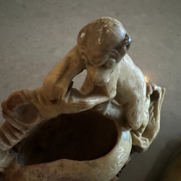 Antique Chinese Shoushan Soapstone Carvings Ink Pot Monkey Bird Sculpture - Picture 2 of 9